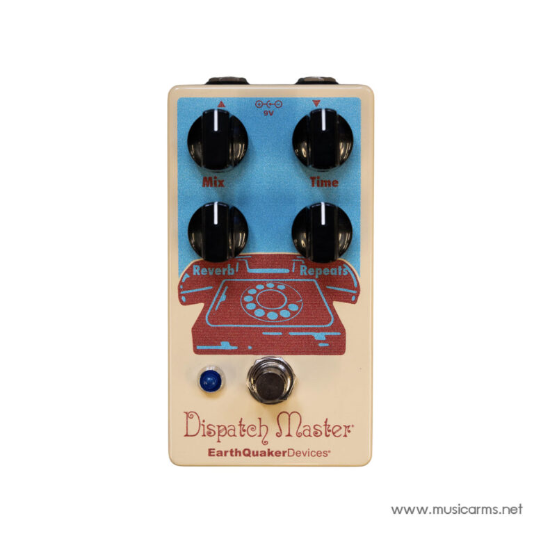 EarthQuaker Dispatch Master guitar effects pedal with four knobs (Mix, Time, Reverb, Repeats) on a blue panel with a retro-style graphic and footswitch below. ขายราคาพิเศษ