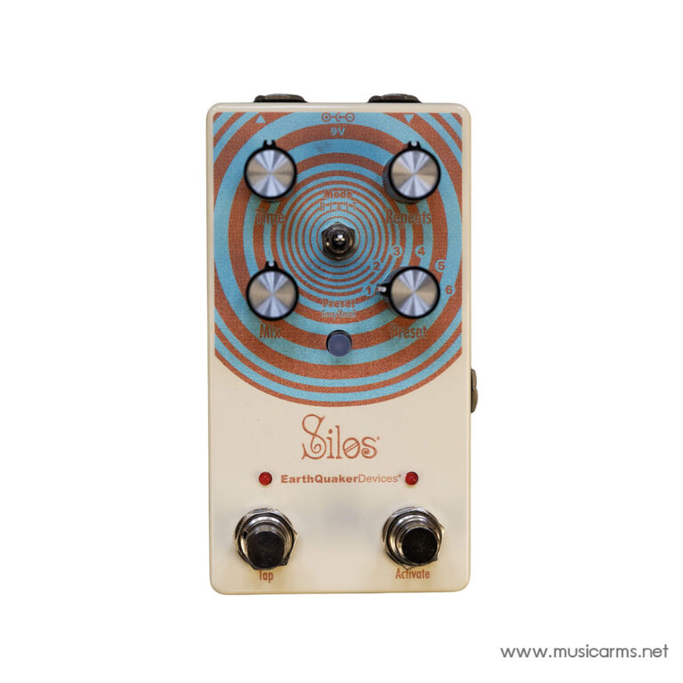 Silos effects pedal by EarthQuaker Devices with cream case and a blue-turquoise spiral design; four top knobs (Time, Mod, Repeats, Preset) around a center footswitch, plus two bottom footswitches labeled Tap and Activate and red LEDs. ขายราคาพิเศษ