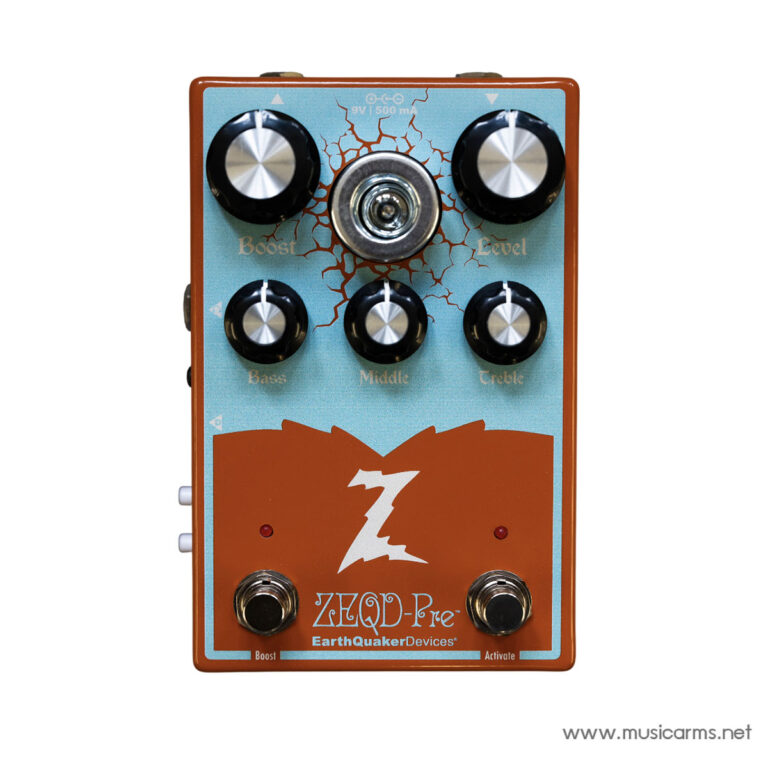 EarthQuaker Devices ZEQD-Pre guitar pedal with teal face, orange border, five knobs (Boost, Level, Bass, Middle, Treble) and two footswitches on bottom. ขายราคาพิเศษ