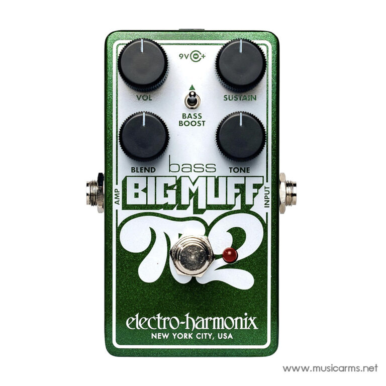 Electro-Harmonix Big Muff bass fuzz pedal, green glitter finish with four knobs (Vol, Sustain, Blend, Tone), LED and footswitch. ขายราคาพิเศษ