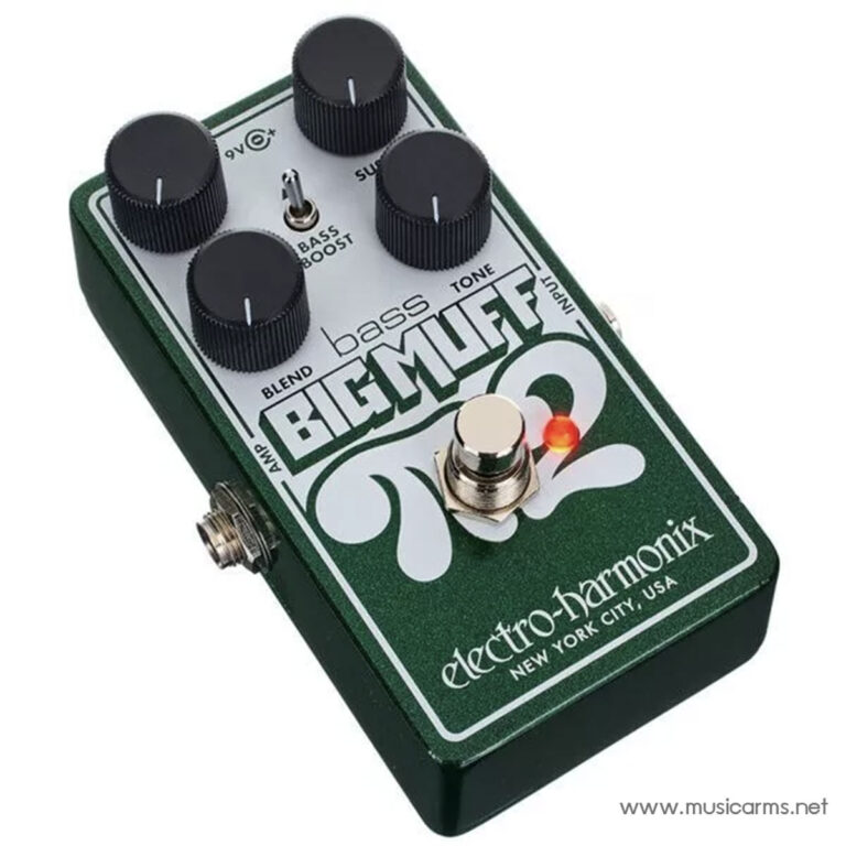 Electro-Harmonix bass effects pedal with four black knobs, LED indicator, and footswitch on a green chassis. ขายราคาพิเศษ
