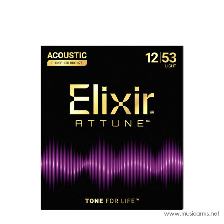 Elixir Attune phosphor bronze acoustic guitar strings, gauge 12–53, on a black package with a purple waveform and 'Tone for Life' slogan. ขายราคาพิเศษ