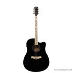 Black acoustic guitar with a light, signed fretboard on a white background. ลดราคาพิเศษ