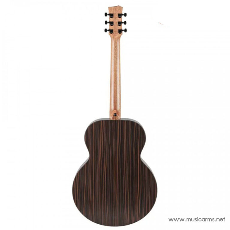 Back view of a wooden acoustic guitar with a striped dark finish and light neck visible down the center ขายราคาพิเศษ