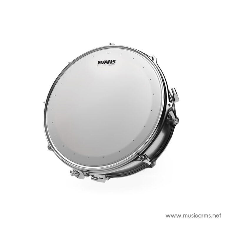 Silver snare drum with chrome hardware, Evans logo on drumhead, angled on white background ขายราคาพิเศษ