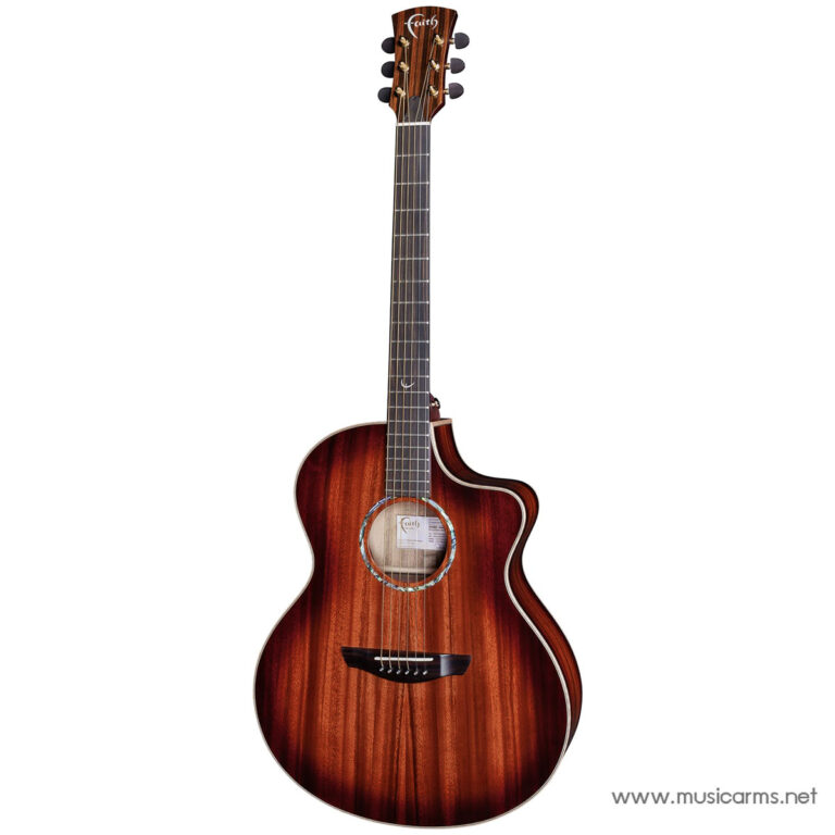 Front view of a sunburst cutaway acoustic guitar with glossy wood finish and rosette details (Faith brand headstock visible). ขายราคาพิเศษ