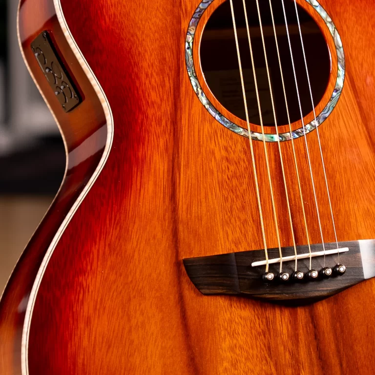Close-up of an acoustic guitar's body, showing the soundhole, decorative rosette, six strings, and bridge. ขายราคาพิเศษ