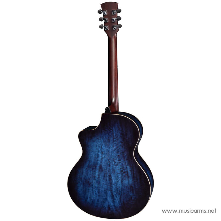 Back view of a blue burst acoustic guitar showing the curved body and neck from the rear surface with white binding. ขายราคาพิเศษ