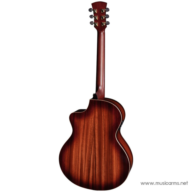 Back view of a glossy cherry-brown acoustic guitar with a cutaway on a white background. ขายราคาพิเศษ