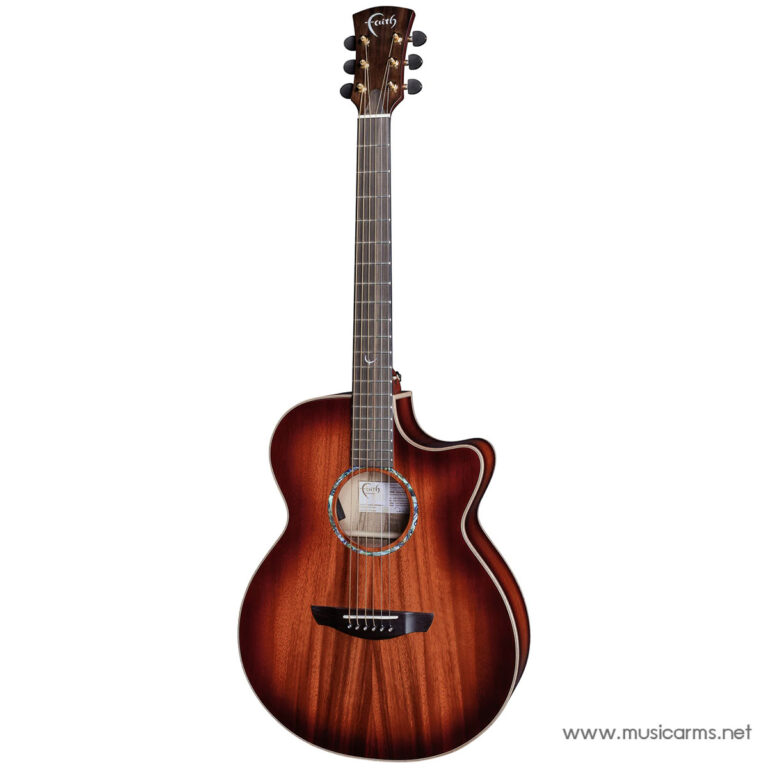 Sunburst 6-string acoustic guitar with a cutaway, photographed upright, brand logo visible on the headstock. ขายราคาพิเศษ