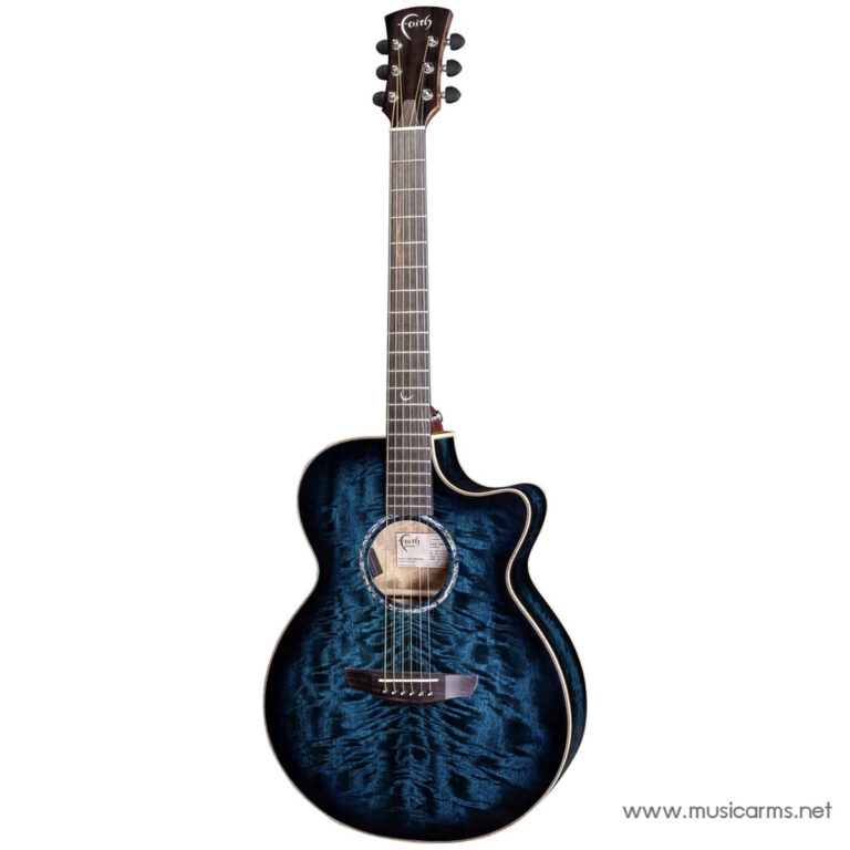 Blue quilted-wood acoustic guitar with a cutaway, full-body view showing the teal-blue finish and soundhole rosette (Faith brand). ขายราคาพิเศษ
