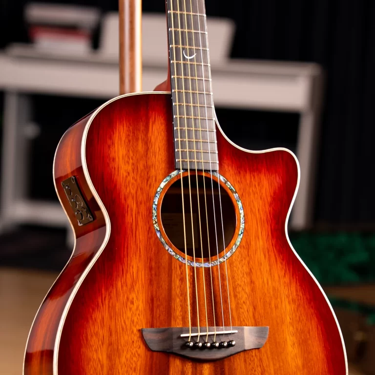 Sunburst acoustic guitar close-up with soundhole, rosette, and six strings. ขายราคาพิเศษ