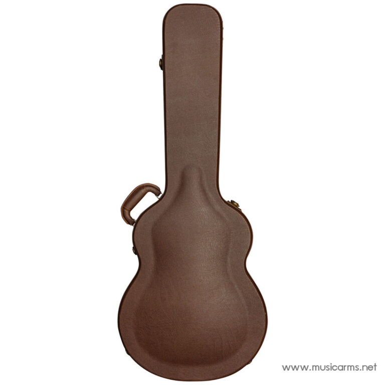 Brown hard-shell guitar case standing upright, showing the guitar-like silhouette with a handle on the side. ขายราคาพิเศษ