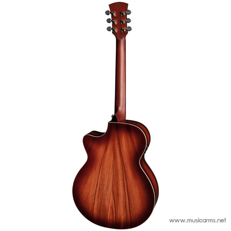 Back view of a glossy sunburst acoustic guitar, showcasing the curved body and long neck ขายราคาพิเศษ