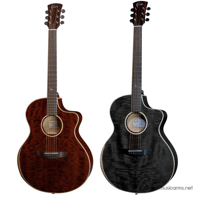 Two acoustic guitars side by side, left with a reddish quilted wood finish and right with a black quilted finish, shown from the front. ขายราคาพิเศษ