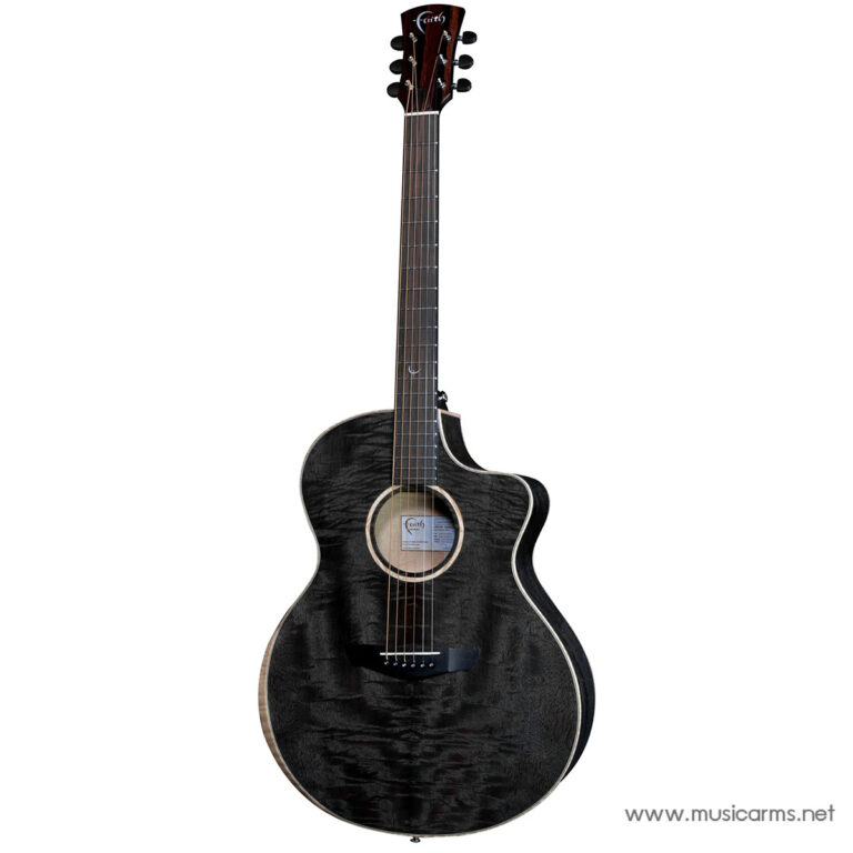 Full view of a black acoustic guitar with a cutaway, six strings, and a quilted finish against a white background (watermark: musicarms.net) ขายราคาพิเศษ