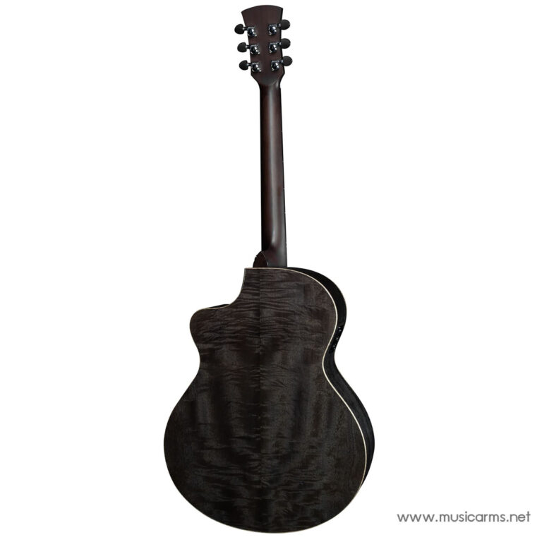 Back view of a dark wood acoustic guitar with a cutaway, six strings, and tuning pegs on a white background. ขายราคาพิเศษ