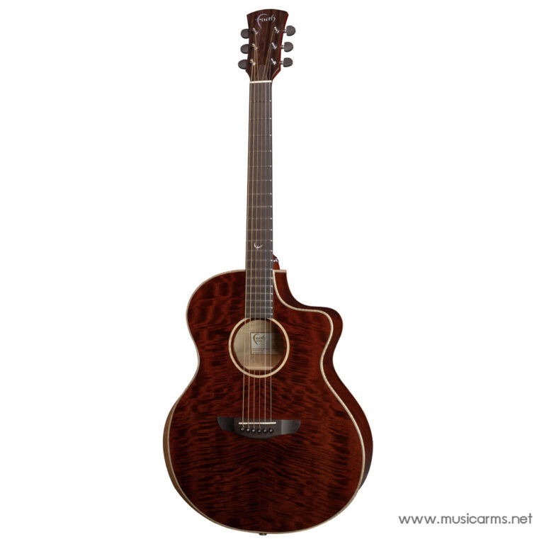 Red satin-finish acoustic guitar with a single cutaway and quilted wood grain, six strings, brand name 'Faith' on the headstock ขายราคาพิเศษ