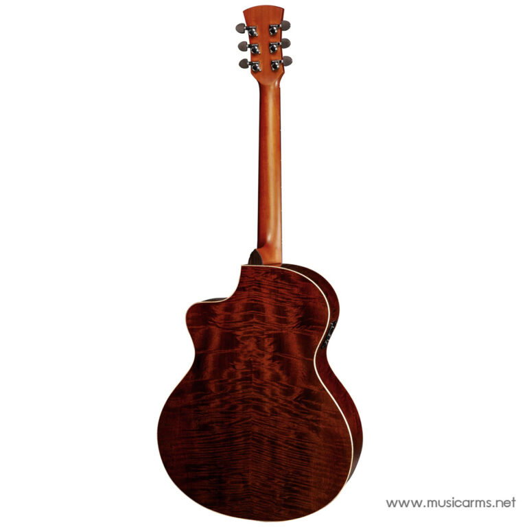 Back view of a glossy red-brown acoustic guitar showing quilted flame maple back. ขายราคาพิเศษ