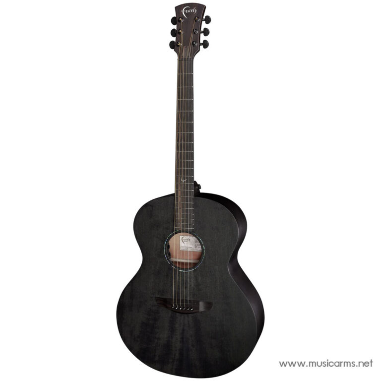 Black acoustic guitar with a cutaway in a dark, matte finish and a round soundhole showing label inside ขายราคาพิเศษ