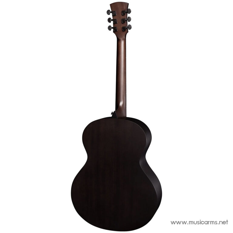 Back view of a dark wooden acoustic guitar, showing the neck and six tuning pegs on the headstock against a white background with a subtle watermark at lower right. ขายราคาพิเศษ