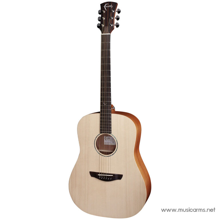 Light-colored acoustic guitar with a natural wood top and darker sides; six strings and a dark fretboard photographed full-body. ขายราคาพิเศษ