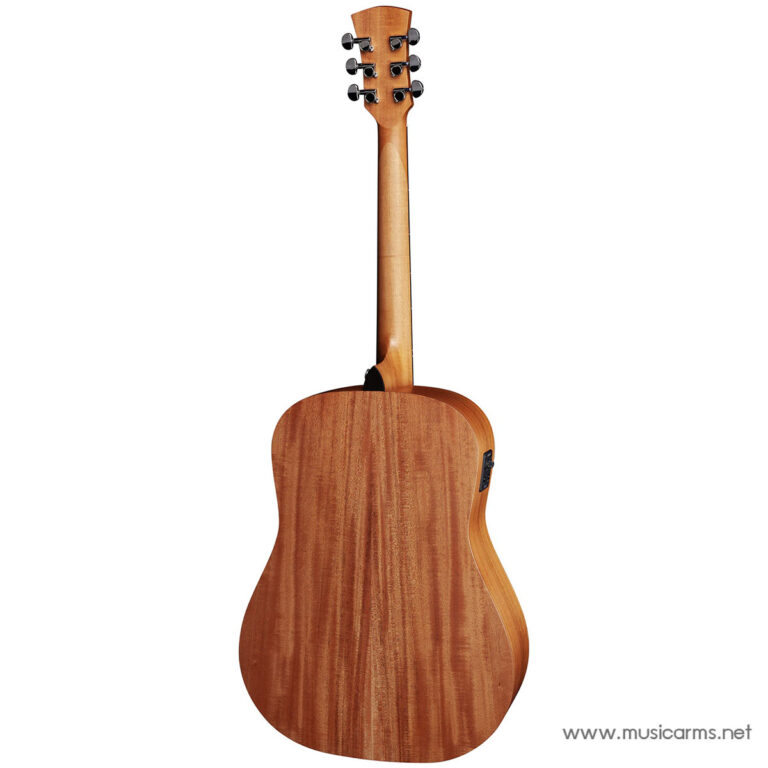 Rear view of a natural-finish wooden acoustic guitar, showing the back, neck, and headstock with six tuning pegs on a white background. ขายราคาพิเศษ