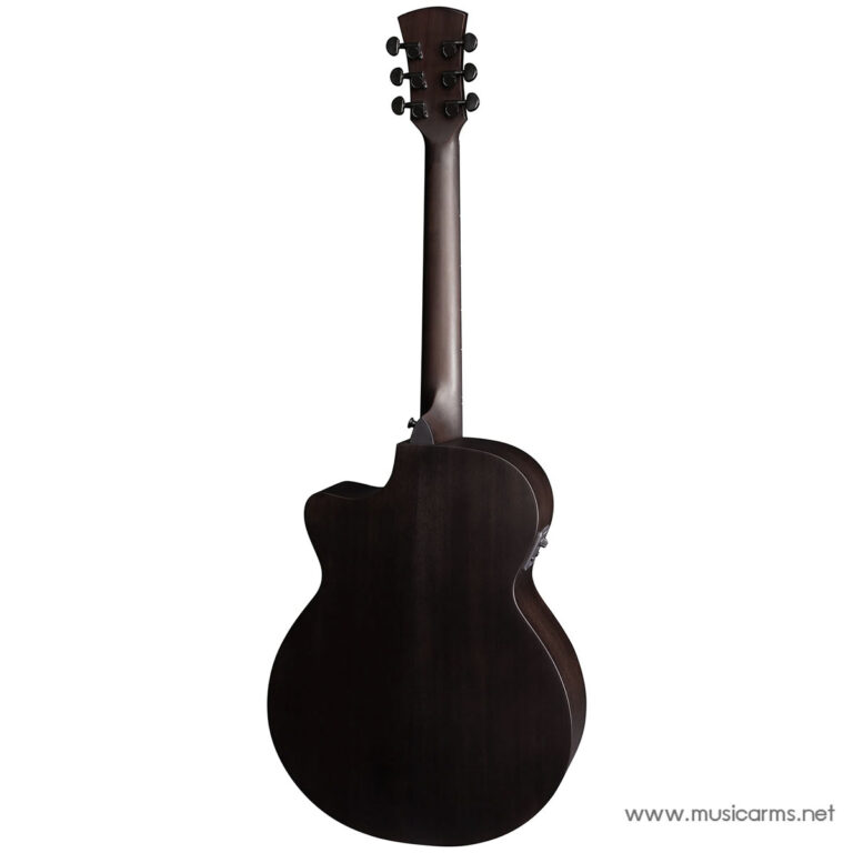 Back view of a dark brown acoustic guitar on a white background, showing the body and neck from behind ขายราคาพิเศษ
