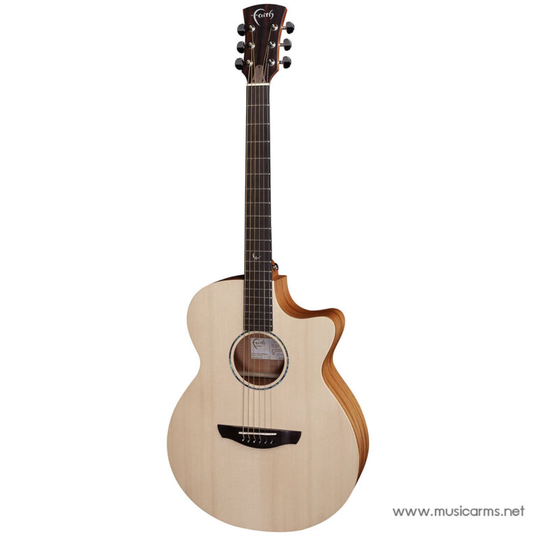 Natural wood acoustic guitar with a single-cutaway body and dark fretboard on a white background ขายราคาพิเศษ