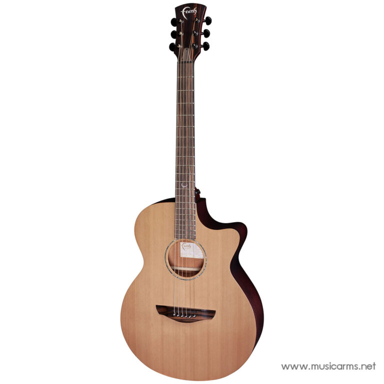 Light-colored acoustic guitar with a cutaway body, six strings, and a wooden bridge. ขายราคาพิเศษ
