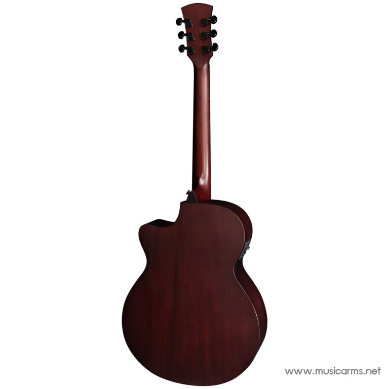 Rear view of a burgundy acoustic guitar with a cutaway body and six tuning pegs on the headstock ขายราคาพิเศษ