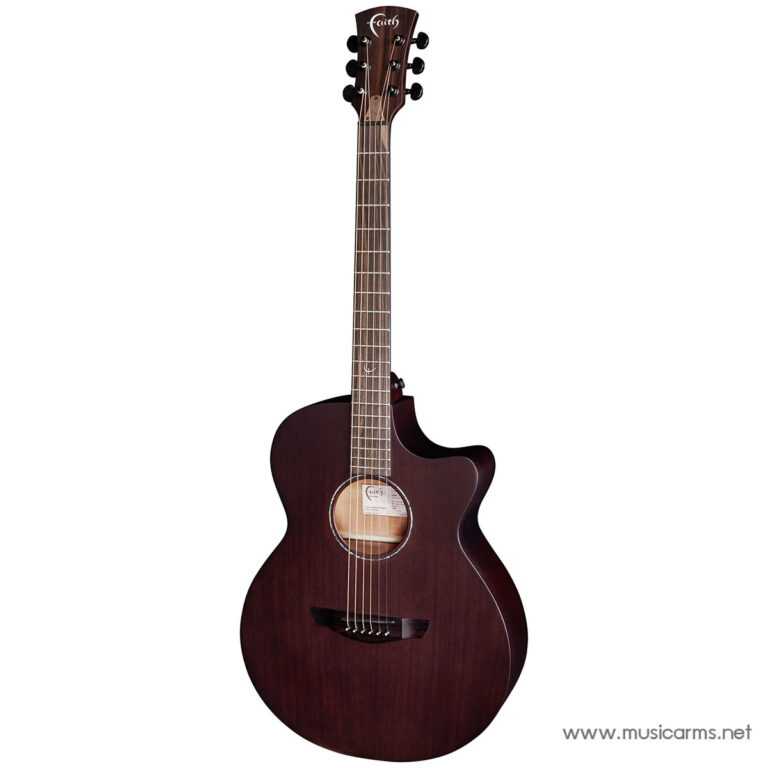Dark red cutaway acoustic guitar shown upright, with visible soundhole and fretboard detail. ขายราคาพิเศษ