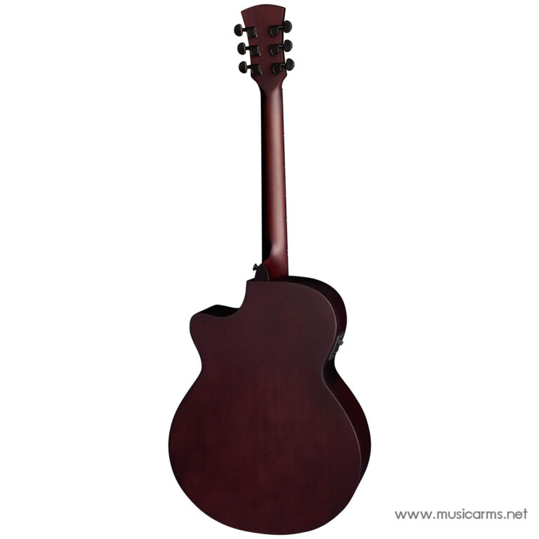 Back view of a burgundy acoustic guitar showing the neck and body with six tuning pegs on the headstock ขายราคาพิเศษ