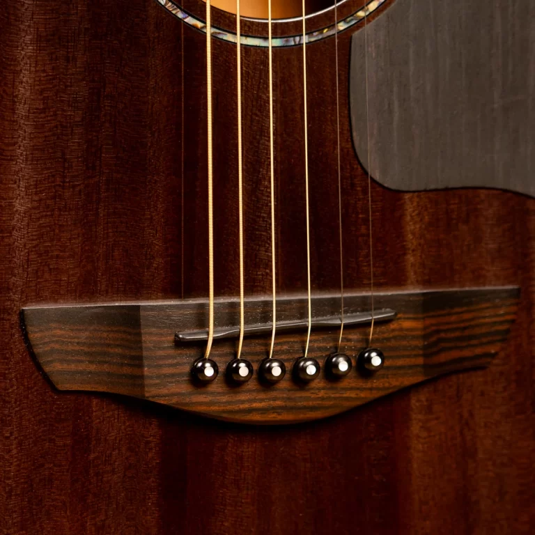 Close-up of a dark wood acoustic guitar bridge with six strings anchored by black bridge pins with white dots. ขายราคาพิเศษ