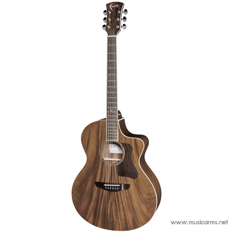 Faith acoustic guitar with a natural wood finish and a cutaway body on a white background. ขายราคาพิเศษ