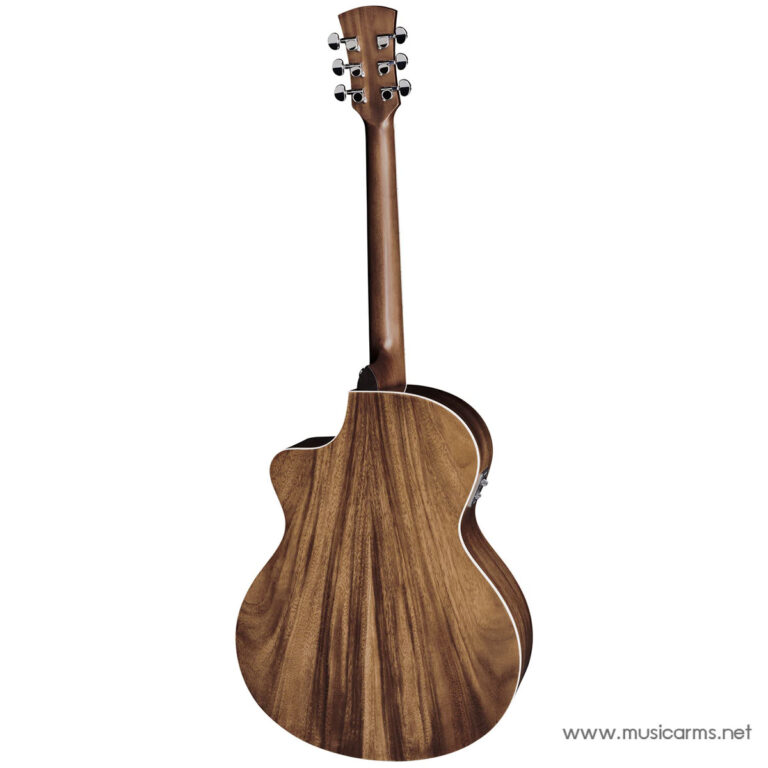Back of a wooden acoustic guitar showing grainy brown wood, neck, and rounded body. ขายราคาพิเศษ