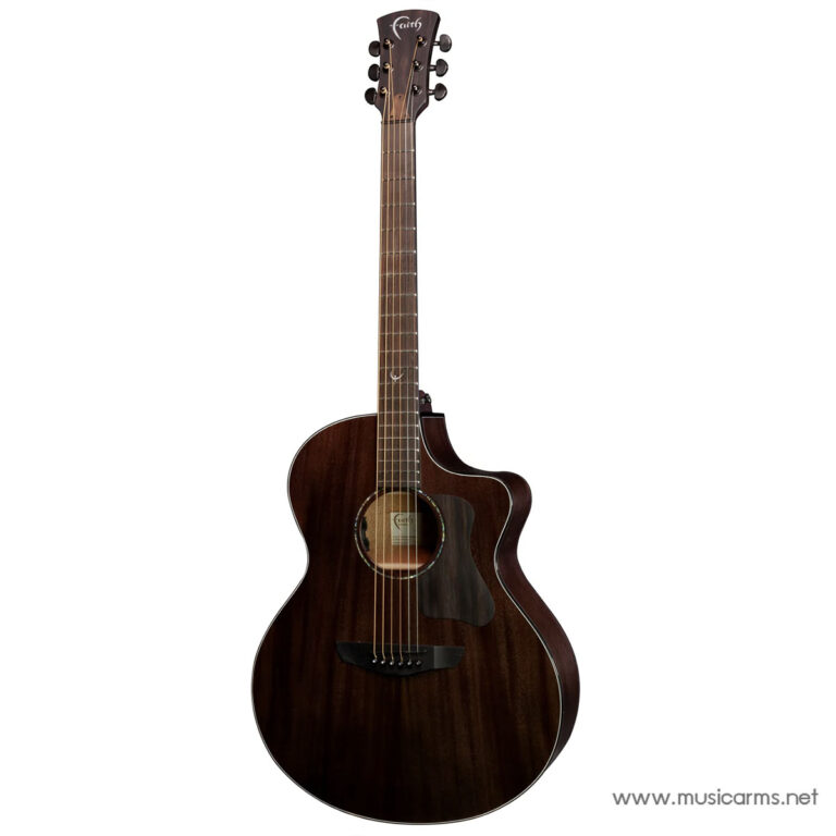 Dark brown cutaway acoustic guitar with six strings and Faith logo on the headstock against a white background. ขายราคาพิเศษ