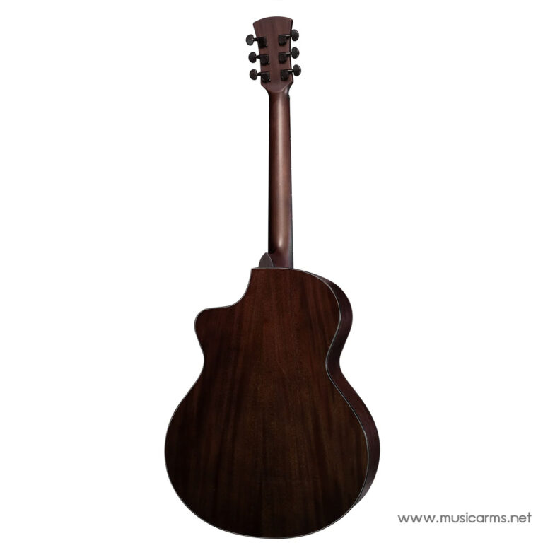 Back view of a dark brown wooden acoustic guitar with a glossy finish against a white background, showing the neck and headstock with tuning pegs ขายราคาพิเศษ