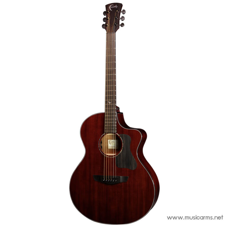 Dark red acoustic guitar with cutaway body, six strings, and Faith logo on the headstock ขายราคาพิเศษ