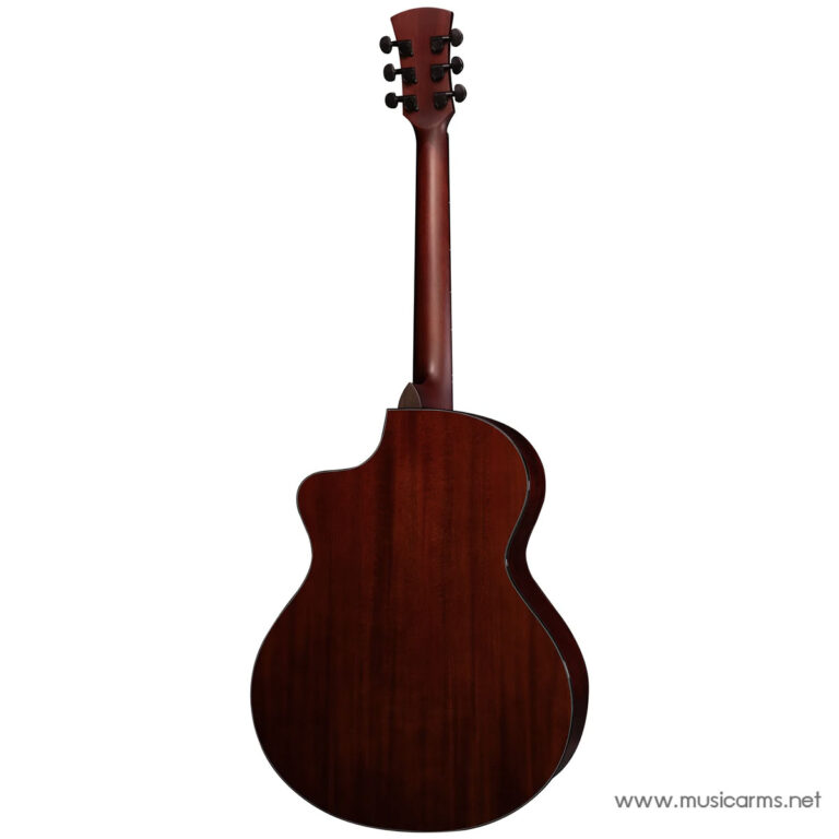 Rear view of a dark red wooden acoustic guitar showing the back of the body, neck, and headstock with six tuners on white background. ขายราคาพิเศษ