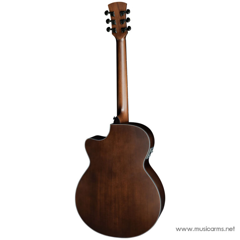 Back view of a brown acoustic guitar showing its rounded body and neck, with a subtle glossy finish and a watermark at the bottom right. ขายราคาพิเศษ