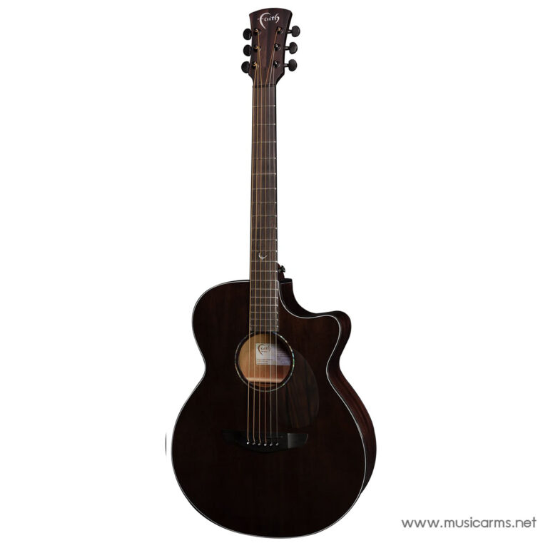 Dark brown cutaway acoustic guitar with six strings and a circular soundhole on a white background (product photo). ขายราคาพิเศษ