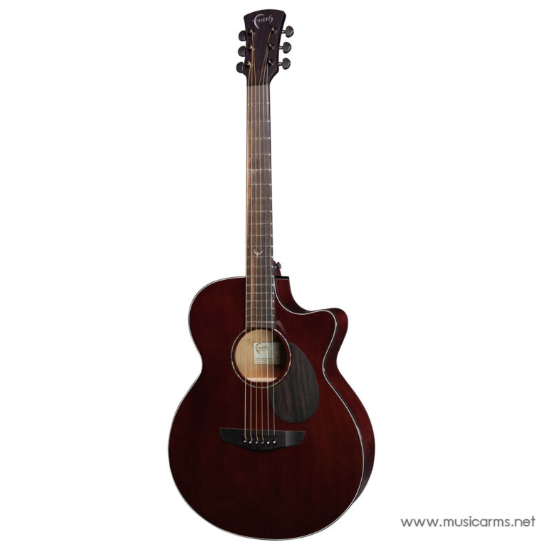 Dark red-brown cutaway acoustic guitar with six strings and a glossy finish, shown upright against a white background ขายราคาพิเศษ