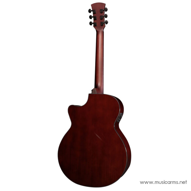 Back view of a glossy red acoustic guitar showing the neck with six tuners and the rounded body on a white background, logo watermark in corner (musicarms.net). ขายราคาพิเศษ