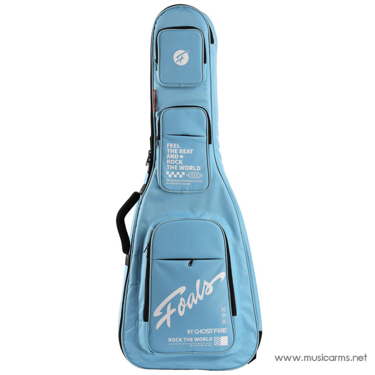 Bright blue guitar case with multiple zip pockets; front pocket shows 'Fools' and 'Rock the World' text. ขายราคาพิเศษ