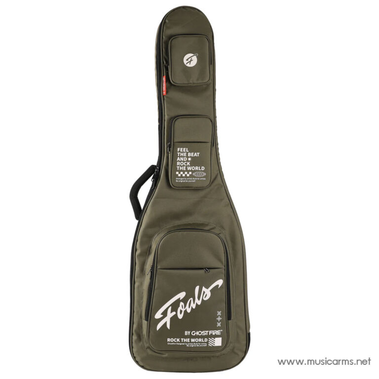 Olive-green fabric guitar case standing upright with multiple zip pockets and a carrying handle; white branding near the bottom. ขายราคาพิเศษ