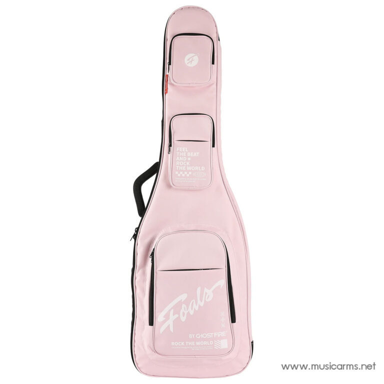 Pink guitar case with multiple zippered pockets and white writing on front, standing upright against a white background. ขายราคาพิเศษ