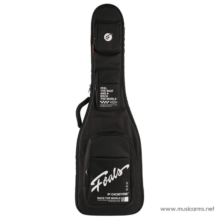 Full-length black guitar case with multiple zip pockets and a large Foals script logo toward the bottom, standing upright with a white brand patch on the upper pocket. ขายราคาพิเศษ