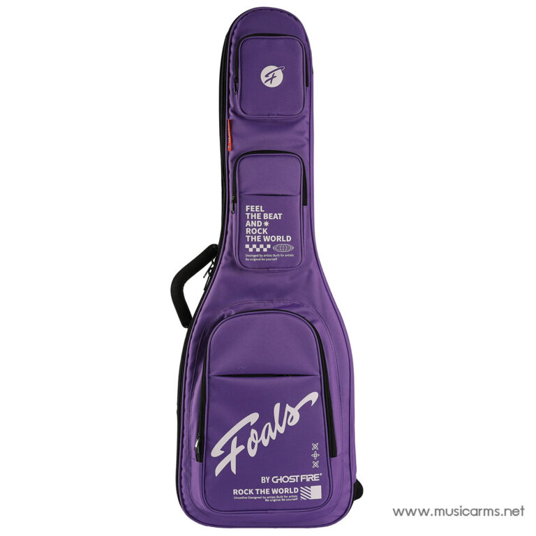 Purple guitar case with multiple zip pockets and white branding, standing upright against a white background. ขายราคาพิเศษ