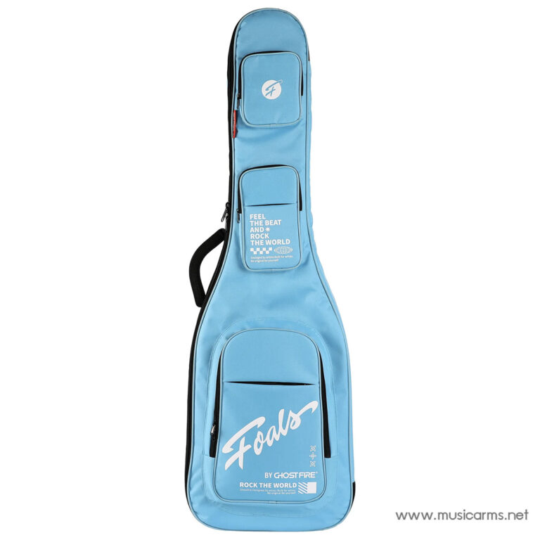 Blue guitar gig bag with multiple zip pockets and a white 'Fools' logo, standing upright with a carry handle visible at the side. ขายราคาพิเศษ